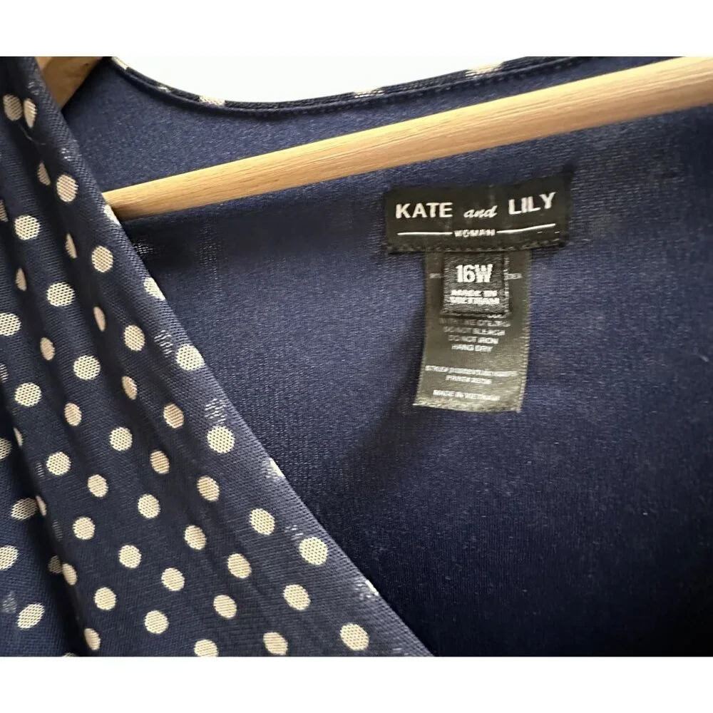 Kate & Lily Blue White Polka Dot V-Neck‎ Midi Dress Elbow-Length Sleeves Size 16